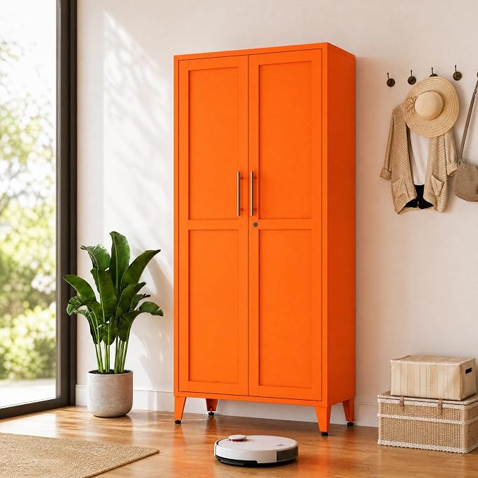 Heavy Duty Metal Cabinet with 3 Adjustable Shelves, Lockable Double Door Storage Locker, 61" Tall Utility Closet for Living Room Home Office Orange 61" H X 27.6" W X 13.8" D