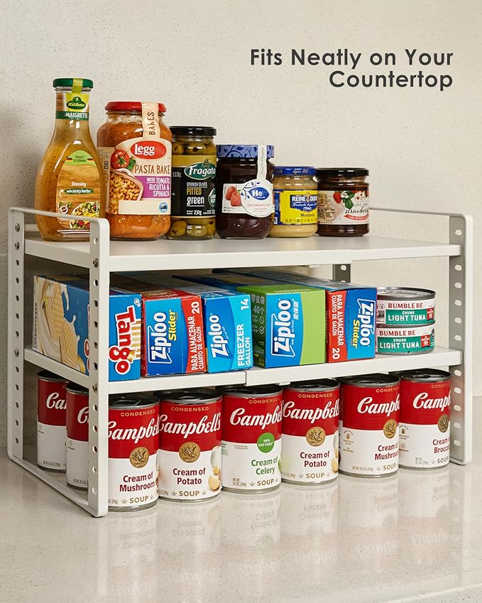 Expandable Cabinet Shelf Organizer, 2-Tier Countertop Storage Riser | Heavy-Duty Metal, Holds 80 lb, Adjusts Wide, 13 Height Slots, Tilt Option, for Kitchen, Pantry & Cupboard, Under Sink, White