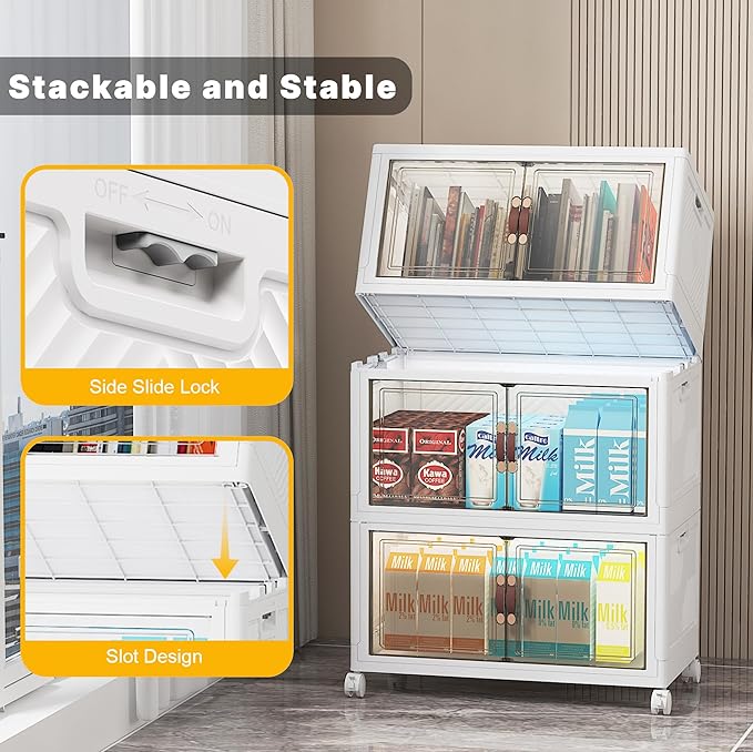 UAMFURI Stackable Storage Bins with Lids, Extra Large Plastic Organizer Cabinet Drawers, 288QT Collapsible Closet Containers with Doors and Wheels,For Bedroom, Kitchen, Office, Garage,(6Pack Cube)