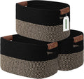 ECDYQXVU 15x10x9 Woven Cotton Rope Storage Basket, Leather Handles 3 Pack | Foldable Design, Sturdy PU Handles, Easy to Clean Organizer for Living Room, Closet, Shelves, Bedroom, Laundry, Clothes
