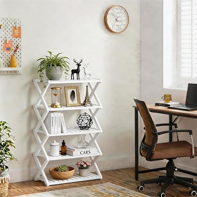 5 Tier Bamboo Shoe Rack White,Portable Folding Shoe Storage Rack,Without Installation Small Shoe Rack Perfect for Corridors, Drom, Bedrooms and Small Spaces