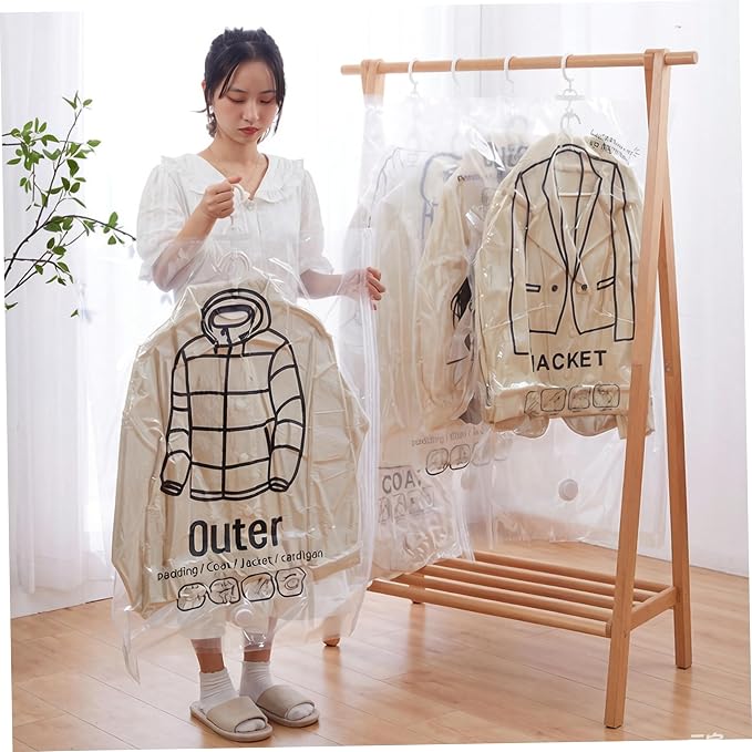 6PCS Vacuum Bags for Clothes, Thick Transparent Hanging Vacuum Storage Bags with Hangers for Suits, Dress, Jackets