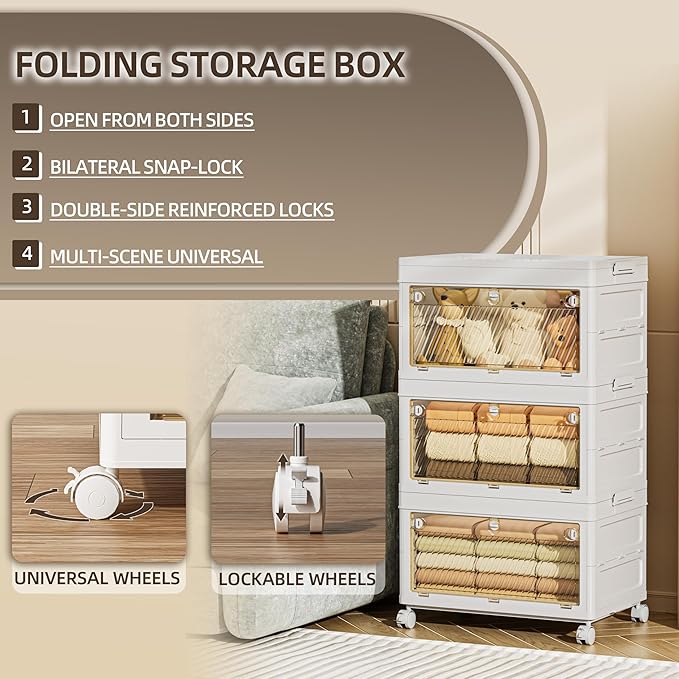 132 QT / 33 Gal Multi-Purpose Foldable Storage Cabinet - Transparent Dual Doors with 3-Stage Locking System, Heavy Duty Wheels, Simple Pull-to-Open Mechanism for Home/Office/Garage Organization