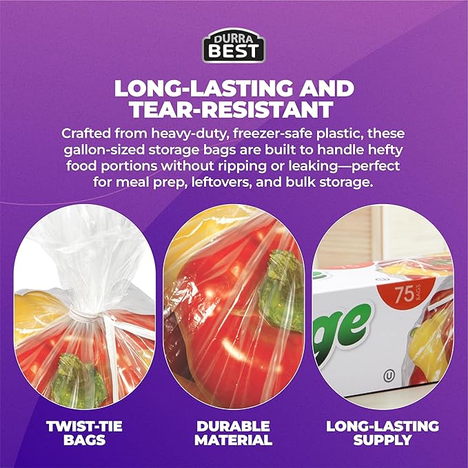 1 Gallon Food Storage Bags with Twist Ties, 1800 Count, Disposable Plastic
