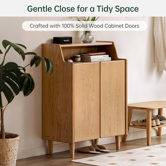Solid Wood Shoe Cabinet with Doors, Shoe Storage Cabinet with 4-Tier Adjustable Shelves, Mid Century Modern Shoe Rack Cabinet for Entryway, Hallway, Oak Wood, 13.8" x 31.5" x 43.3" (Natural)