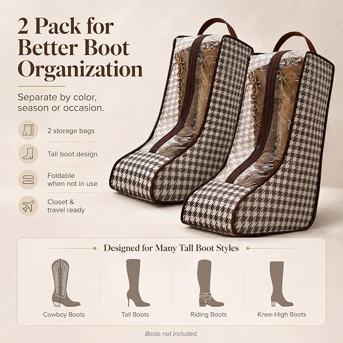 TUYUU 2 Pack Boot Storage Bag for Cowboy Boots, Portable Tall Boot Bags with Clear Window and Handle, Dustproof Non Woven Boot Organizer for Closet Travel Packing, Shoe Protector Bag for Women Boots