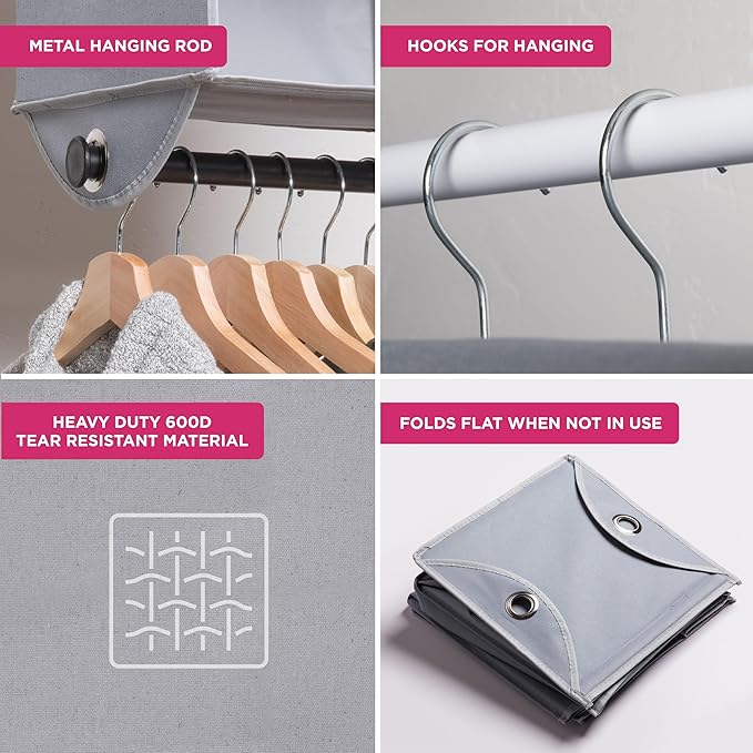 HOLDN’ STORAGE Hanging Closet Organizer with Garment Rod – Heavy Duty 4-Shelf Hanging Shelves for Clothes, Sweaters & Shoes, Reinforced 600D Fabric Storage Unit with Built-in Clothing Rod, Grey