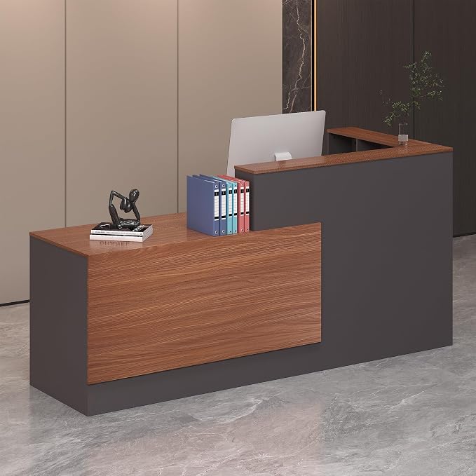 L-Shaped Reception Desk,Large Front Desk with Keyboard Tray, Lockable Drawers & File Cabinet, Receptionist Desk for Checkout,Lobby (Right L-Walnut/Slate Gray, 86.6''L x 23.6''W x 41.3''H)