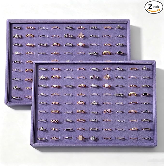 Large Velvet Jewelry Tray 2 Pack Stackable Jewelry Display Drawer Inserts Trays Organizer for Earring Bracelet Necklace Ring (Purple, Ring 81 Slots)