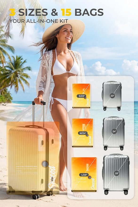 Travel Vacuum Bags with Pump, 15 Pack Vacuum Storage Bags for Clothing, Brushless Motor Type-C Rechargeable Pump, Compression Packing Bags for Travel, Suitcase, Closet and Home Storage, White