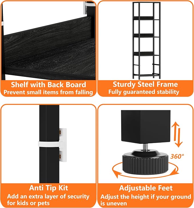 Furnulem 4-Tier Corner Shelf, Bookshelf with 2 Storage Drawers, 57.28”Tall Narrow Bookcase, Standing Shelf Organizer Unit for Living Room, Bedroom, Metal Frame, Wood Display Shelf | 57.28”Tall Bookcase for Bedroom,Living Room,Display Cabinet with Metal...