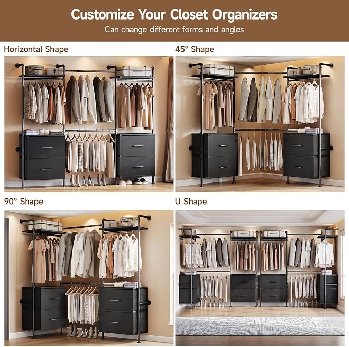 ONBRILL T4 Wall Mounted Closet System, Industrial Pipe Clothing Rack with 8 Wooden Shelves, 4 Drawers & 4 Hanging Rods (2 Expandable), Modular Heavy Duty Closet Organizers and Storage System (Black)