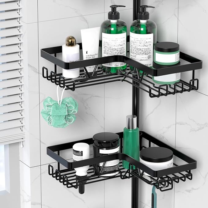 DAOYA Corner Shower Caddy Tension Pole 4 Tier Shower Caddy Organizer Black | Space Saver, 28 Hook, Soap Dish, Razor Holder, Rustproof, For Bathtub Bathroom, Floor to Ceiling 25-114 Inch, Simple Install