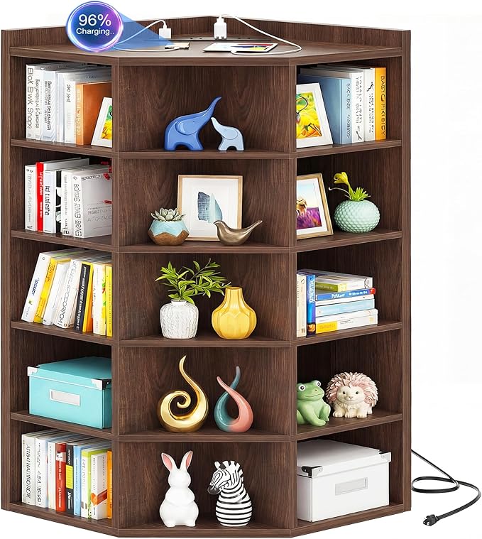 Aheaplus Corner Cube Book Shelf, 6-Tier Corner Cabinet with Power Outlets, Corner Cube Storage Shelf with Top Table, Wooden L Shaped Cubby Bookcase for Home Office, Bedroom, Living Room, Black Walnut