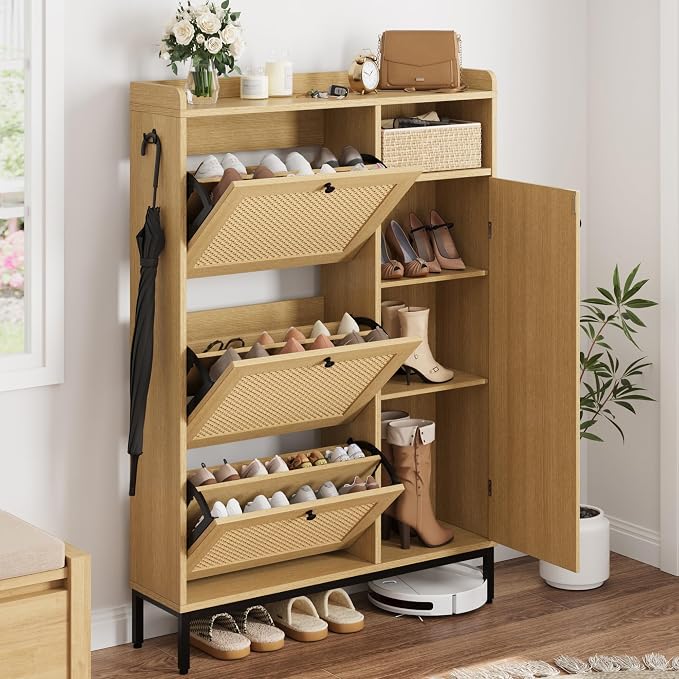 Garvee Shoe Cabinet with 3 Flip Drawers, Freestanding Shoe Organizer with 4-Tier Shoe Storage Cabinet and Adjustable Shelf & Rattan Doors,Narrow Shoe Rack Cabinet for Entryway, Closet, Hallway