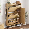 Garvee Shoe Cabinet with 3 Flip Drawers, Freestanding Shoe Organizer with 4-Tier Shoe Storage Cabinet and Adjustable Shelf & Rattan Doors,Narrow Shoe Rack Cabinet for Entryway, Closet, Hallway