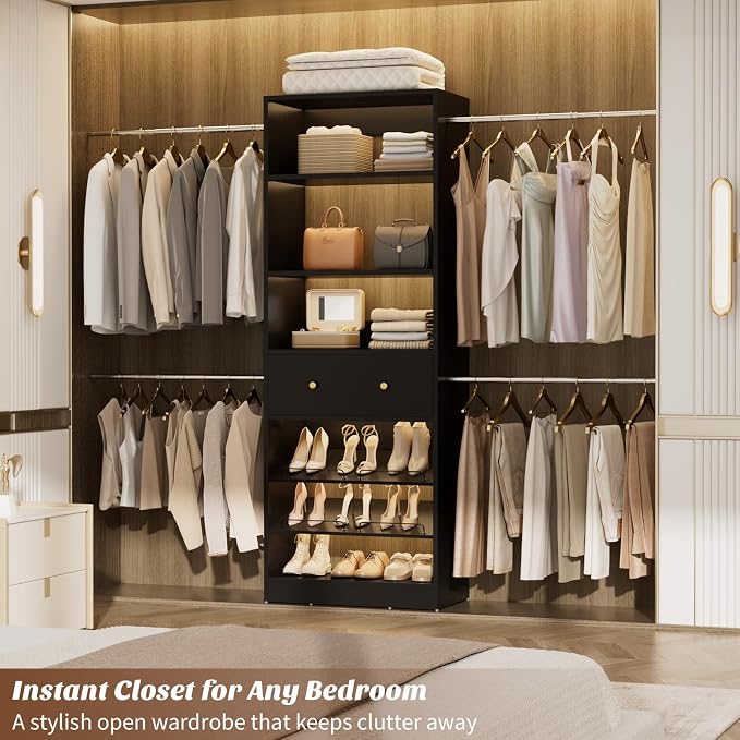 Armocity Wood Closet Organizer System - 4FT-9FT Expandable Wardrobe Closet with Drawer & 4 Hanging Rods, Heavy Duty Walk-in Closet 1000Lbs for Bedroom Walk-in Closet, Black