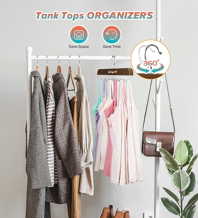 Gomyrod Tank Top Hanger, 2 Pack w/40 Hooks Bra Hanger for Closet Organizer | Premium Wood Space Saving Hanger, 360°Rotating Closet Organizers and Storage, Multi Hook Hanger for Dorm & Apartment, Brown