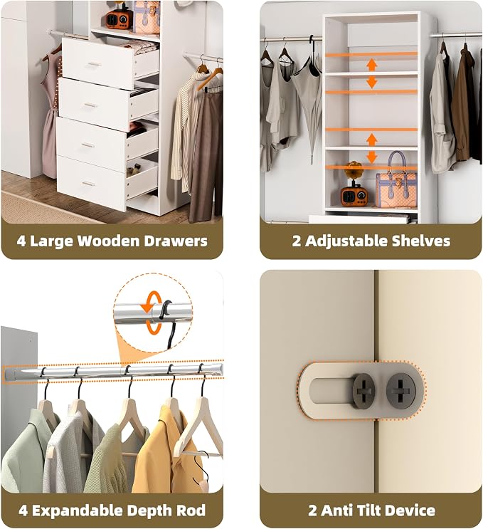 Closet System, 3Ft-5Ft Closet Organizer System With 4 Wooden Drawers, Walk-In Closet Storage System With 4 Expandable Hanging Rods, Adjustable Cloth Garment Rack from 3 to 5FT, White