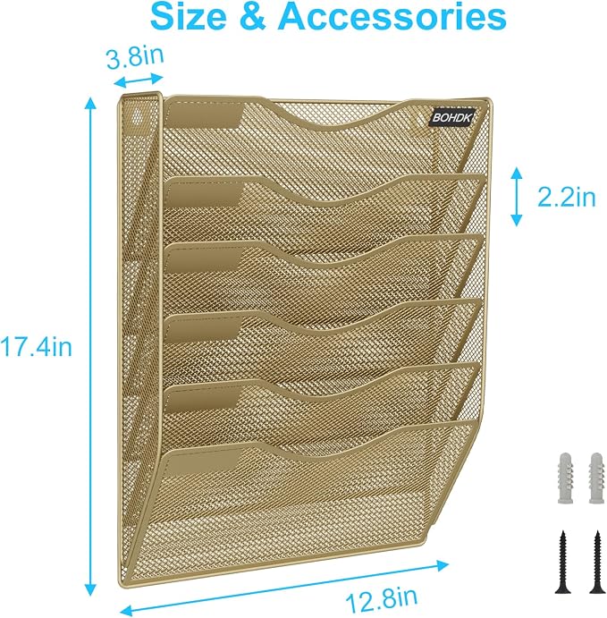 BOHDK Wall File Organizer, Hanging File Folder Mail Organizer, Vertical Mesh Metal Door/Wall Mount Hanging File Holder, Paper Document Magazine Rack with Hooks for Home Office (6 Tier Gold)