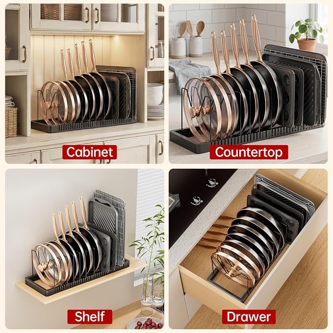 ORDORA Expandable Pot Lid Organizer, Solid Metal Under‑Cabinet Pots and Pan Storage Rack 14.1''‑24.8'', Fits Bakeware & Cookie Sheets with 12 Adjustable Dividers