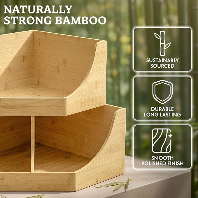 HOMESTEAD Bamboo Corner Storage Bin, 2-Tier Stackable Potato and Onion Storage Bin for Kitchen Counter Corner Shelf, Wooden Produce Storage Pantry Organizer, Fruit & Vegetable Holder, Large