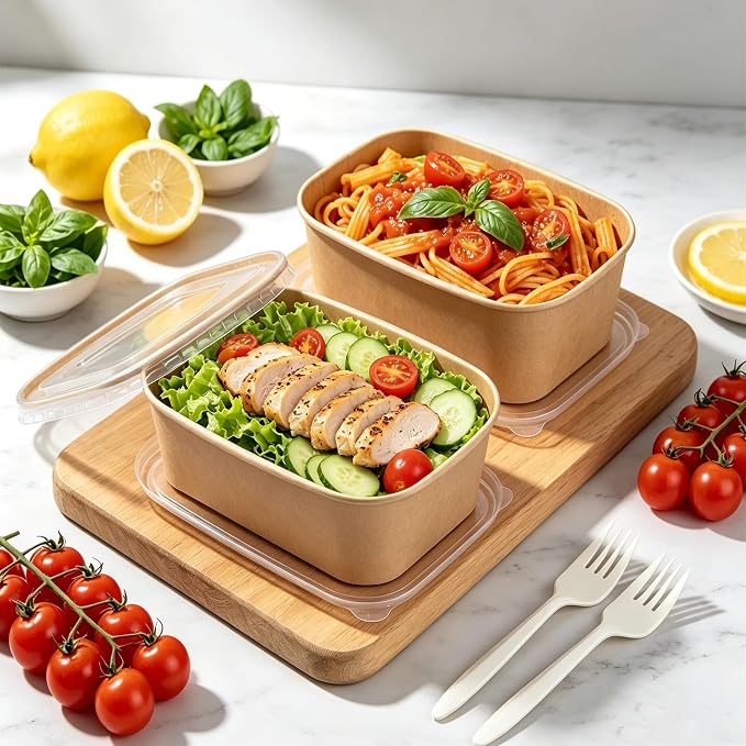 50 Pack Disposable Kraft Paper Bowls with Lids, 33 OZ Meal Prep Container, Microwave Freezer Safe Salad Bowls with Forks for Hot/Cold Food, Soup, Ice Cream, Takeout, Party Supplies