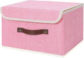ANMINY Storage Bin with Lid Storage Boxes with PU Leather Handles PP Plastic Board Decorative Foldable Lidded Cotton Linen Fabric Home Cubes Baskets Closet Organizer Container - Pink, Medium