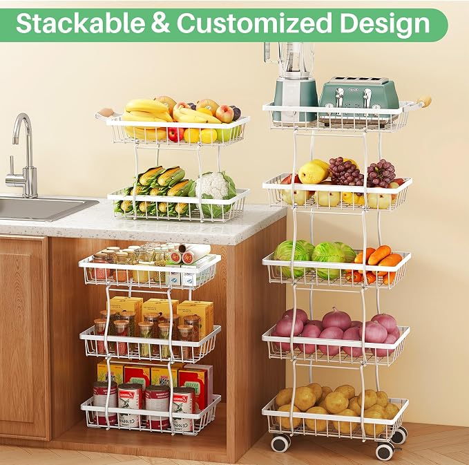 SAYZH Fruit Basket Kitchen Pantry Organizers and Storage - 5 Tier Stackable Metal Wire Basket Stand For Fruit Vegetable Snacks Jars Bins Containers Organization (White, 5 Tiers)