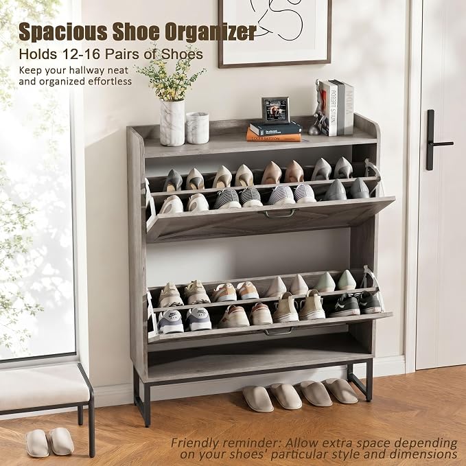 Nicetree Shoe Cabinet Storage for Entryway, Slim Shoe Storage Cabient with 2 Flip Drawers, Narrow Vertical Shoe Rack Cabinet with Metal Hooks, Small Space Solution for Hallway, Grey