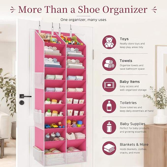 Criusia Over the Door Shoe Organizer, 20-30 Pairs Heavy-Duty Hanging Shoe Storage with Large Pockets, 10-Tier Door Shoe Rack with 4 Hooks for Sneakers Sandals Heels Boots (Pink)