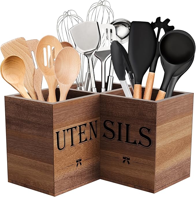 Suli Extra Large Utensil Holder Countertop for Corner Kitchen Counter | Acacia Wood,Hold 40 Utensils,Removable Divider,Spacesaving,Farmhouse Cooking Utensil Organizer for Spatula,Spoon,Ladle,Brown