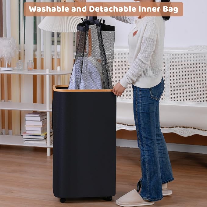 IEGrow Laundry Basket with Wheels 110L Clothes Hamper for Laundry,Black | Laundry Hamper with Lid and Bamboo Frame, for Laundry Room, Bedroom, Dormitory Storage