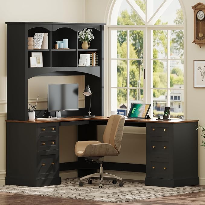 Merax L Shaped Desk Black, Corner Computer Desk with Charging Station & Keyboard Tray, Home Office Desk with File Drawers & Hutch, Space Saving Workstation for Office Study and Gaming