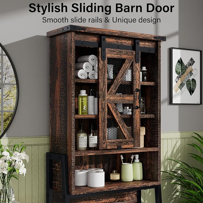 kepptory Over The Toilet Storage Cabinet with Sliding Barn Door, Over Toilet Bathroom Organizer with Adjustable Shelves and Metal Frame, Farmhouse Space Saver The Toilet Rack (Brown)