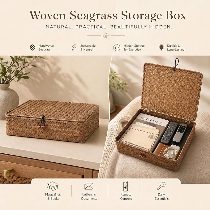 YANGQIHOME Set of 2 Seagrass Baskets with Lids, Rectangular Woven Storage Baskets, Natural Wicker Basket Boxes for Coffee Table, Shelf, Bathroom Counter & Closet Decor (Coffee, Set of 2)