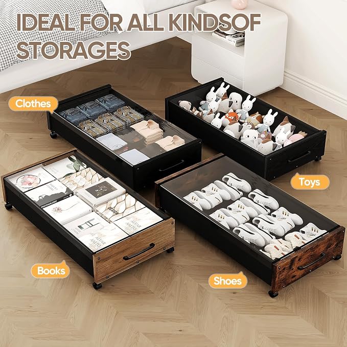 Under Bed Storage with Wheels, 2 Packs Wooden Storage Containers Extra Large Underbed Shoes Organizer, Rolling Under Bed Storage Drawers with Clear Lid, Heavy Duty for Clothes Toys 36"L (Black)