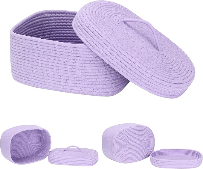 Sea Team Oval Cotton Rope Storage Basket with Lid, Lidded Woven Storage Bin, Nursery Storage Container, Diaper Caddy, Baby Shower Basket, Box, Organizer, 15 x 11 x 6.5 Inches (Medium, Lavender)
