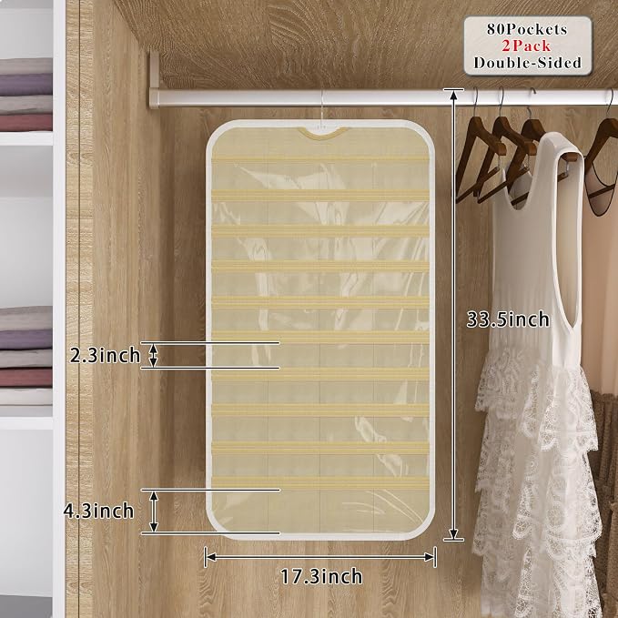 Hanging Jewelry Organizer 80-Pocket Double-Sided, 2-Pack, White and Beige | Foldable clear PVC 80-pocket storage; swivel hook fits walls, doors & rods to organize earrings, necklaces, bracelets & rings