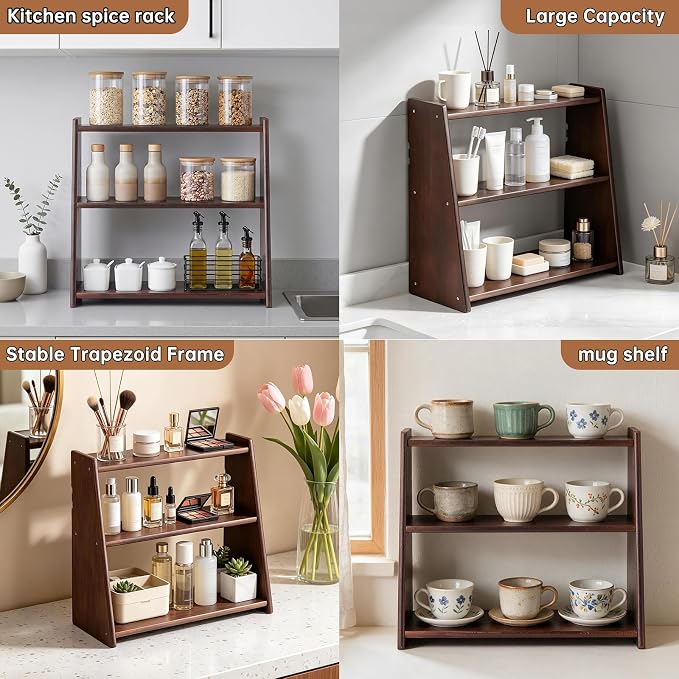 100% Solid Wood Coffee Station Organizer, Countertop Organizer | 3 Tier Spice Rack, Kitchen & Bathroom Counter Organizer, Water Proof Rustic Display Shelf for Mug, Makeup, Trinket, perfume