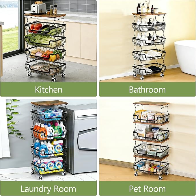 Kitchen Storage Cart on Wheels, 5 Tier Rolling Stackable Pantry Floor Organizer, Kitchen Fruit Basket Stand for Home Removable Metal Vegetable Rack Wire Snack Cart