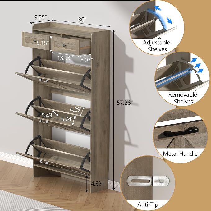 Thacuok Shoe Cabinet with 3 Flip Drawers & 2 Storage Drawers, Rustic Farmhouse Narrow Shoe Organizer Cabinet, Slim Shoe Rack Cabinet, Shoe Storage Cabinet for Entryway, Hallway, Front Door