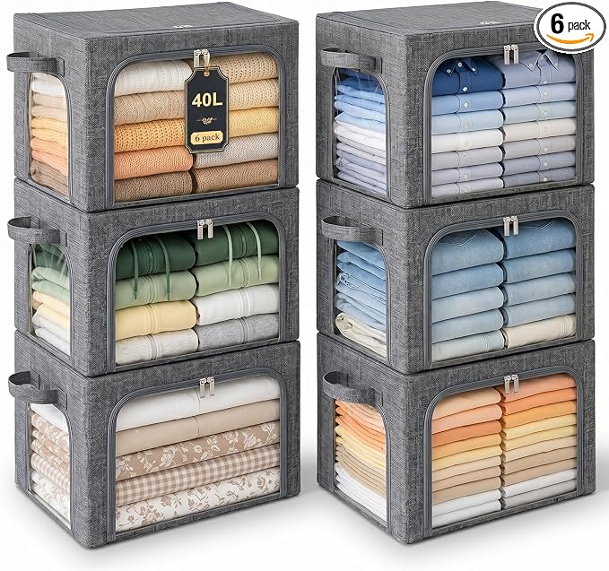GoMaihe 3 Opening Clothes Storage Bins with Metal Frame, 40L Sweater Storage Organizer for Upper Shelf Closet Storage Boxes with Clear Window for Hoodies Jeans Towel 6-Pack Grey
