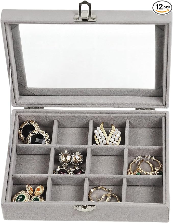 Fordonral Velvet Jewelry Organizer Box, Jewelry Drawer Organizers Trays, Earring Ring Necklace Holder Display Case (Gray, 12 Grid Box)
