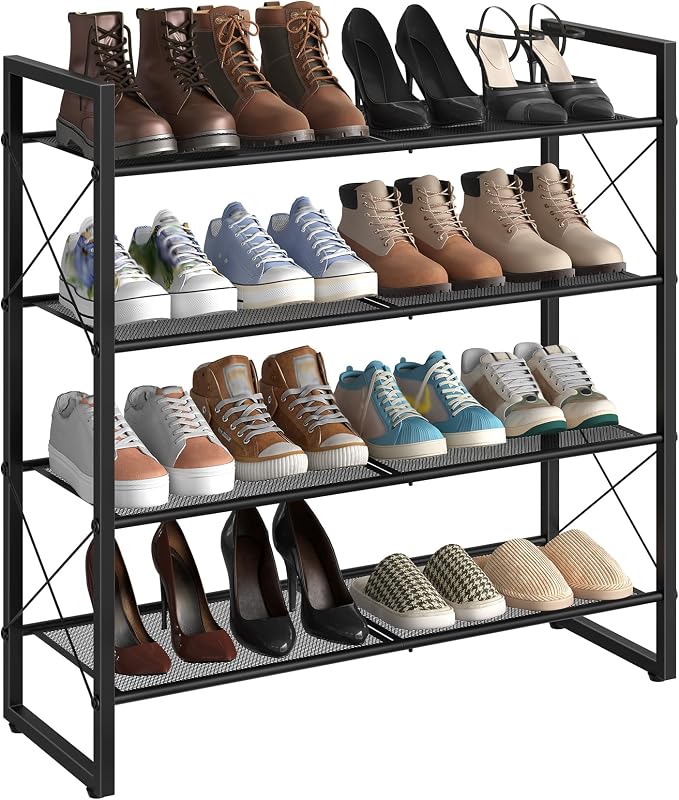CHOEZON Shoe Rack, 4-Tier Shoe Rack for Closet, Metal Shoe Storage Organizer, Shoe Rack for Entryway, Shoe Shelf with Adjustable Feets, for Entryway, Hallway, Living Room, Bedroom, Black TXJ14BB