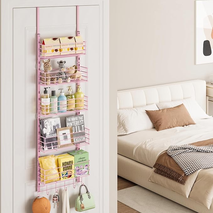 SWTYMIKI Over The Door Organizer - Door Organizer Hanging with 5 Adjustable Metal Large Capacity Basket and 6 Coat Hook, Wall Mounted Shelf for Bedroom Closet Bathroom Laundry Pantry Cabinet Kitchen
