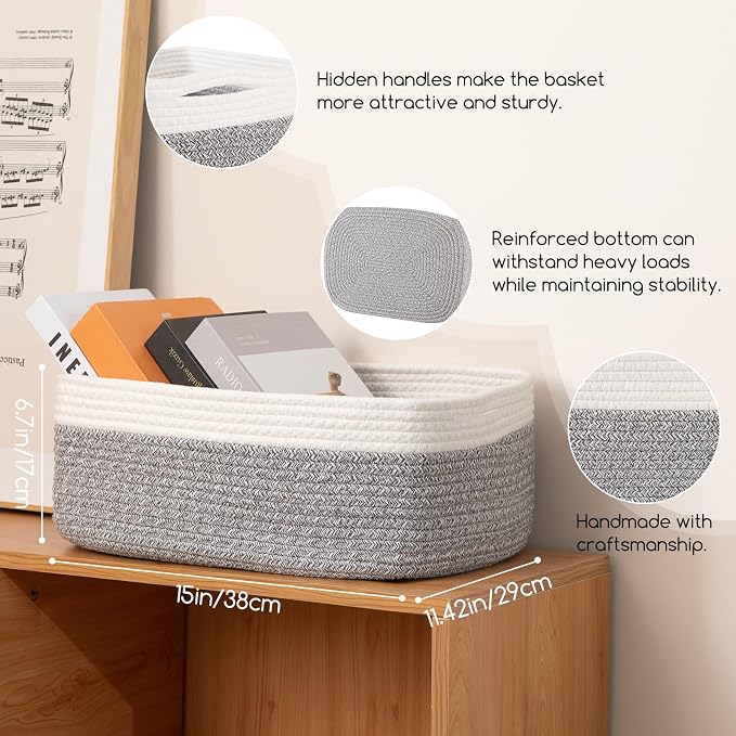 OIASKET Storage Baskets for Organizing 3 Pack, Woven Baskets for Shelves, Closet Organizer Bins Empty Gift Basket Toy Storage for Toys, Books, Towels, Clothes, 15"x11.42"x6.7", Grey