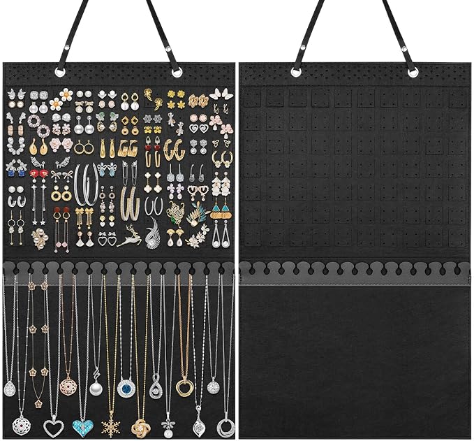 Caffox Hanging Jewelry Holder, Large Earrings Necklaces Organizer Storage for Earrings, Necklaces, Bracelets, Enamel Pins and Ankles, Jewelry Display Storage Hanger for Wall, Closet and Door