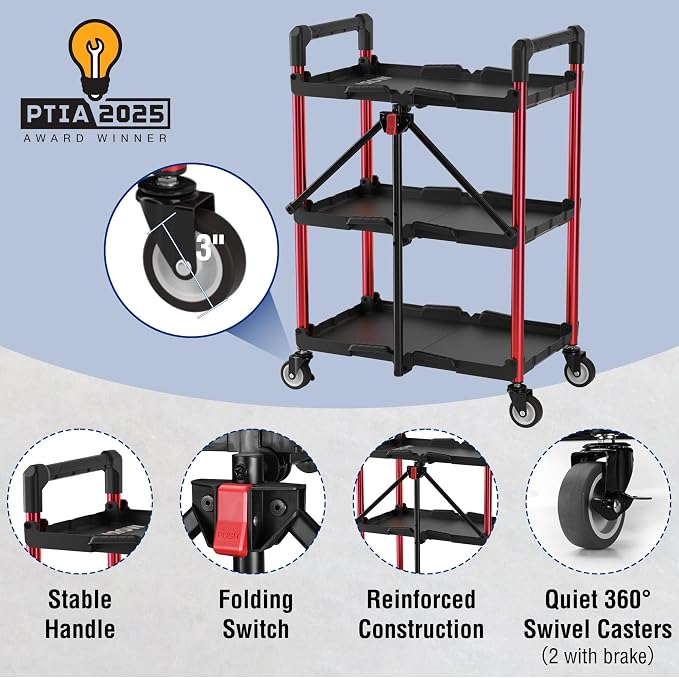 WORKPRO 3-Tier Collapsible Service Cart, Black/Red, 210 LBS Foldable Utility Cart with Wheels, Portable Rolling Tool Cart for Garage, Warehouse, Home, Restaurant and Office (No Assembly Required)