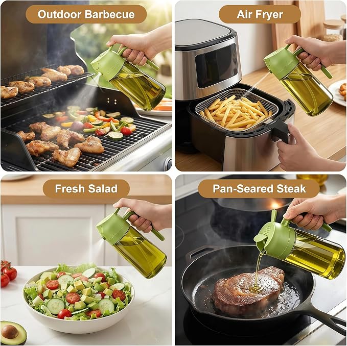 Poshetion 2 in 1 Olive Oil Sprayer for Cooking, 16oz Light-Proof Oil Dispenser for Kitchen, Leak-Proof Oil Spray Bottle for Air Fryer, Salad, BBQ, Baking, Grilling - Green